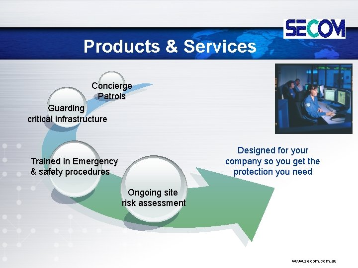 Products & Services Concierge Patrols Guarding critical infrastructure Designed for your company so you