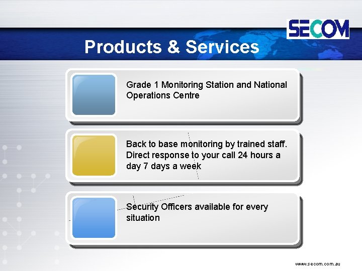 Products & Services Grade 1 Monitoring Station and National Operations Centre Back to base