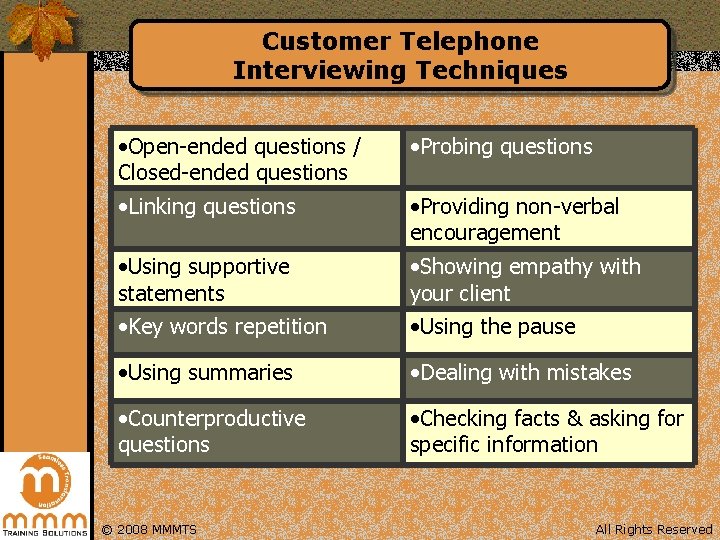 Customer Telephone Interviewing Techniques • Open-ended questions / Closed-ended questions • Probing questions •