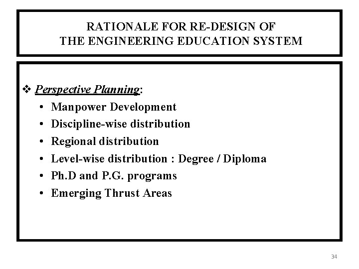 RATIONALE FOR RE-DESIGN OF THE ENGINEERING EDUCATION SYSTEM Perspective Planning: • Manpower Development •