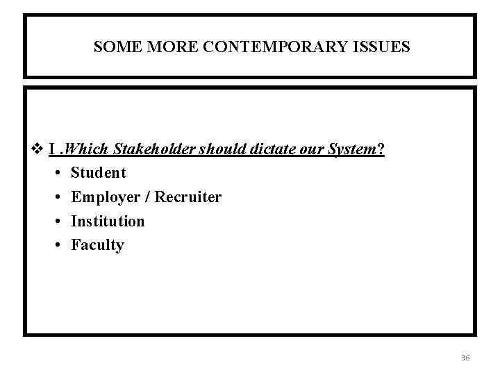 SOME MORE CONTEMPORARY ISSUES I. Which Stakeholder should dictate our System? • Student •