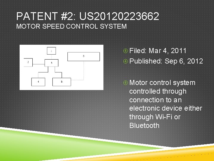 PATENT #2: US 20120223662 MOTOR SPEED CONTROL SYSTEM Filed: Mar 4, 2011 Published: Sep