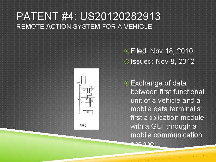 PATENT #4: US 20120282913 REMOTE ACTION SYSTEM FOR A VEHICLE Filed: Nov 18, 2010
