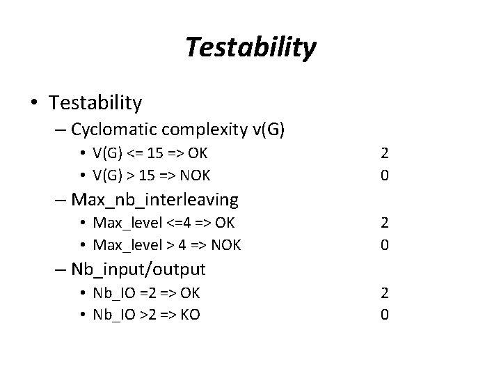 Testability • Testability – Cyclomatic complexity v(G) • V(G) <= 15 => OK •