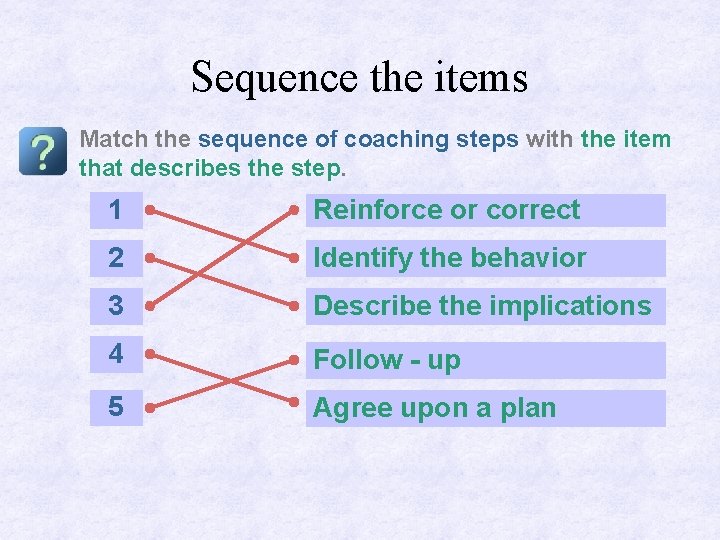 Sequence the items Match the sequence of coaching steps with the item that describes