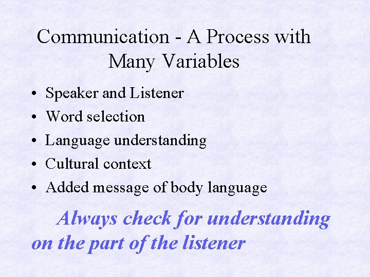 Communication - A Process with Many Variables • • • Speaker and Listener Word