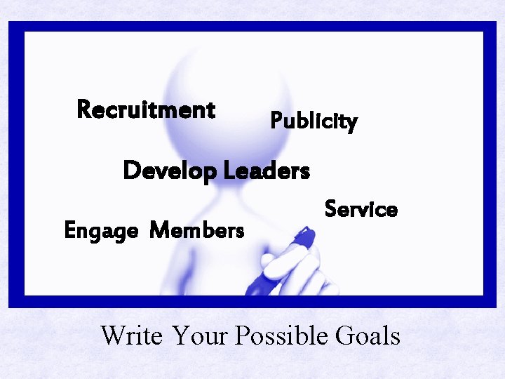 Recruitment Publicity Develop Leaders Engage Members Service Write Your Possible Goals 