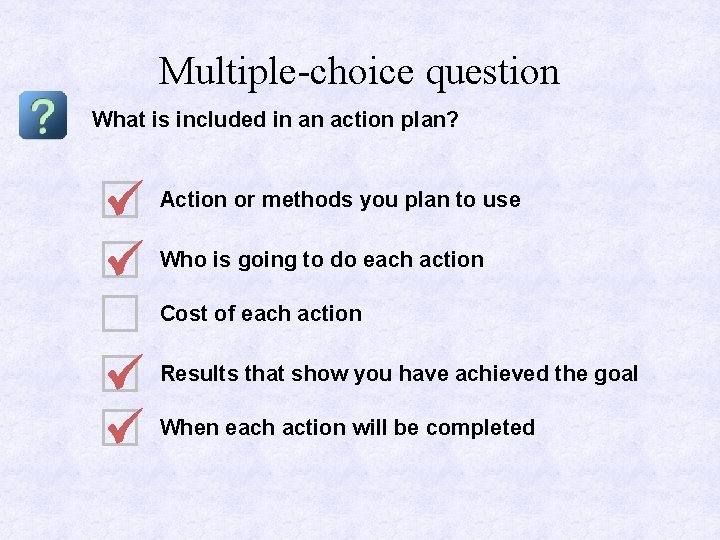 Multiple-choice question What is included in an action plan? Action or methods you plan