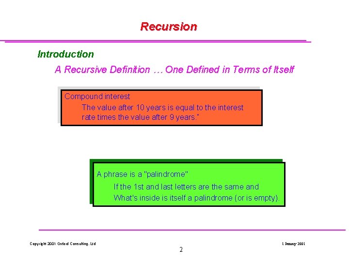 Recursion Introduction A Recursive Definition … One Defined in Terms of Itself Compound interest