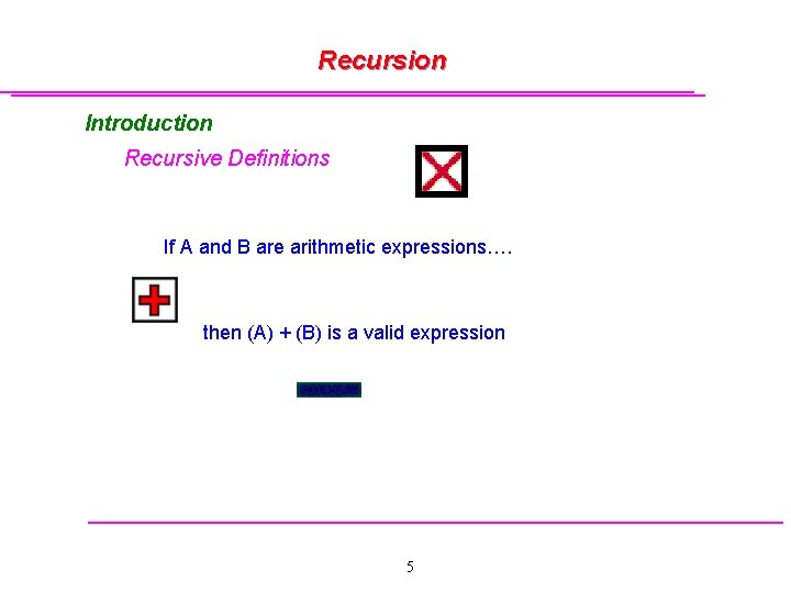 Recursion Introduction Recursive Definitions If A and B are arithmetic expressions…. then (A) +