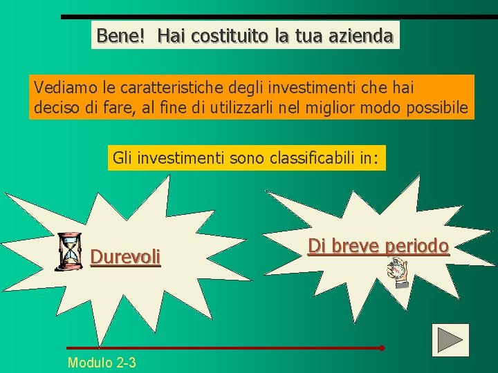 Bene! Hai costituito la tua azienda Vediamo le caratteristiche degli investimenti che hai deciso