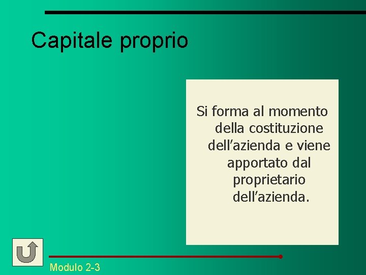 Capitale proprio Si forma al momento della costituzione dell’azienda e viene apportato dal proprietario