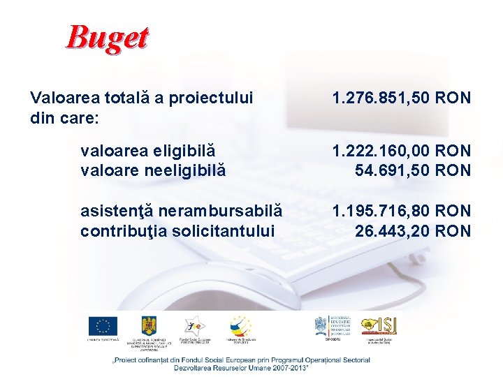 Buget Valoarea totală a proiectului din care: 1. 276. 851, 50 RON valoarea eligibilă