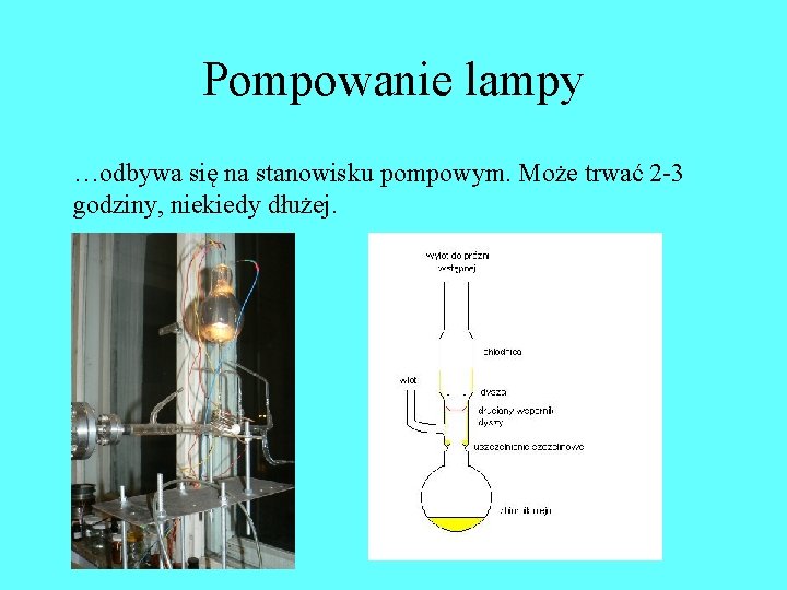 Pompowanie lampy …odbywa się na stanowisku pompowym. Może trwać 2 -3 godziny, niekiedy dłużej. Pompowanie lampy …odbywa się na stanowisku pompowym. Może trwać 2 -3 godziny, niekiedy dłużej.