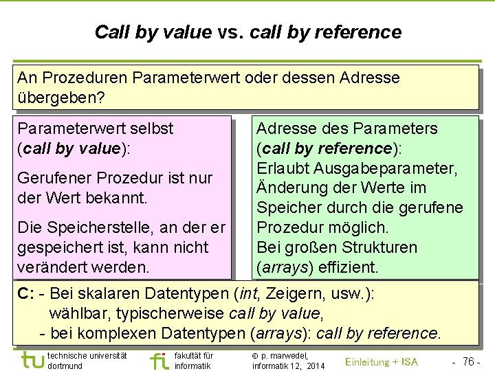 TU Dortmund Call by value vs. call by reference An Prozeduren Parameterwert oder dessen