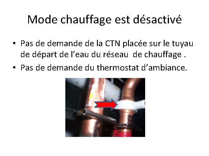 Mode chauffage est désactivé • Pas de demande de la CTN placée sur le