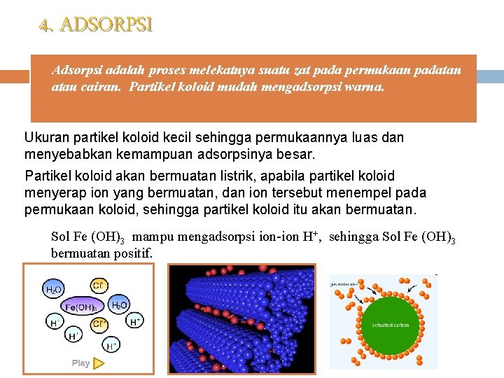 4. ADSORPSI Adsorpsi adalah proses melekatnya suatu zat pada permukaan padatan atau cairan. Partikel