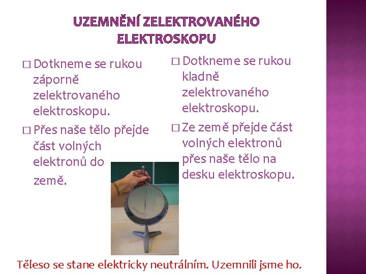 UZEMNĚNÍ ZELEKTROVANÉHO ELEKTROSKOPU � Dotkneme se rukou záporně zelektrovaného elektroskopu. � Přes naše tělo