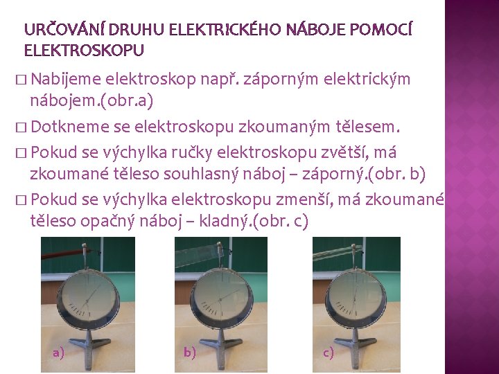 URČOVÁNÍ DRUHU ELEKTRICKÉHO NÁBOJE POMOCÍ ELEKTROSKOPU � Nabijeme elektroskop např. záporným elektrickým nábojem. (obr.