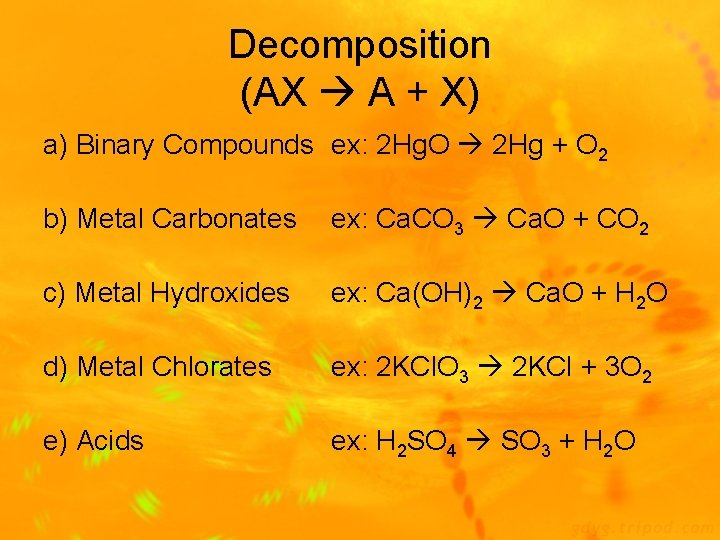 Decomposition (AX A + X) a) Binary Compounds ex: 2 Hg. O 2 Hg