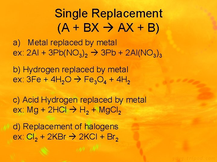 Single Replacement (A + BX AX + B) a) Metal replaced by metal ex: