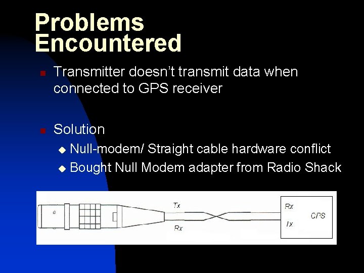 Problems Encountered n n Transmitter doesn’t transmit data when connected to GPS receiver Solution