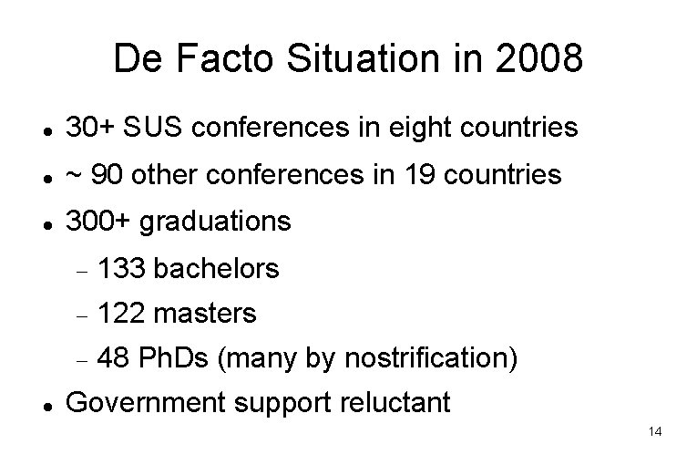 De Facto Situation in 2008 30+ SUS conferences in eight countries ~ 90 other