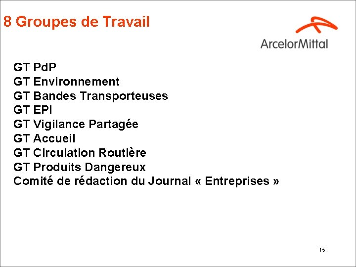 8 Groupes de Travail GT Pd. P GT Environnement GT Bandes Transporteuses GT EPI