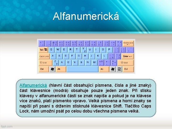 Alfanumerická (hlavní část obsahující písmena, čísla a jiné znaky) část klávesnice (modrá) obsahuje pouze