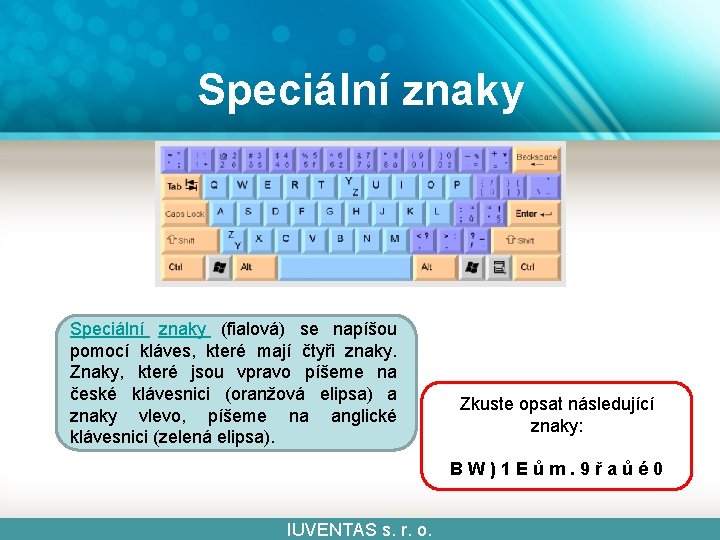 Speciální znaky (fialová) se napíšou pomocí kláves, které mají čtyři znaky. Znaky, které jsou