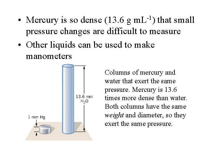  • Mercury is so dense (13. 6 g m. L-1) that small pressure