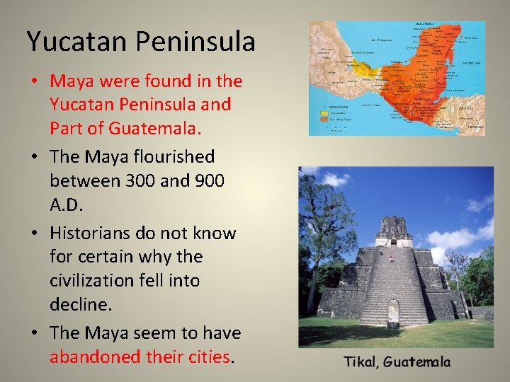 Yucatan Peninsula • Maya were found in the Yucatan Peninsula and Part of Guatemala.