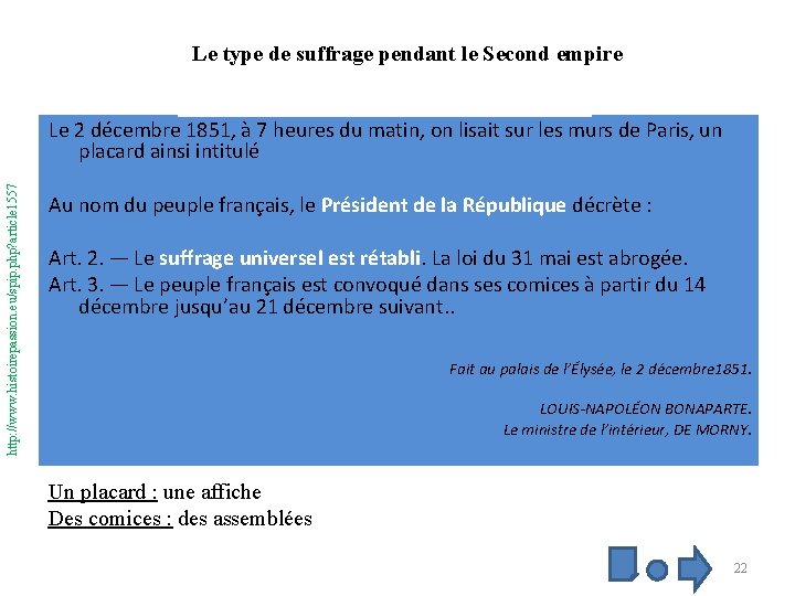 Le type de suffrage pendant le Second empire coup d’Etat 2 décembre 1851 http: