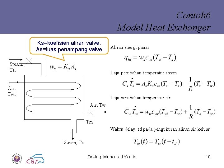 Contoh 6 Model Heat Exchanger Ks=koefisien aliran valve, As=luas penampang valve Steam, Tsi Aliran