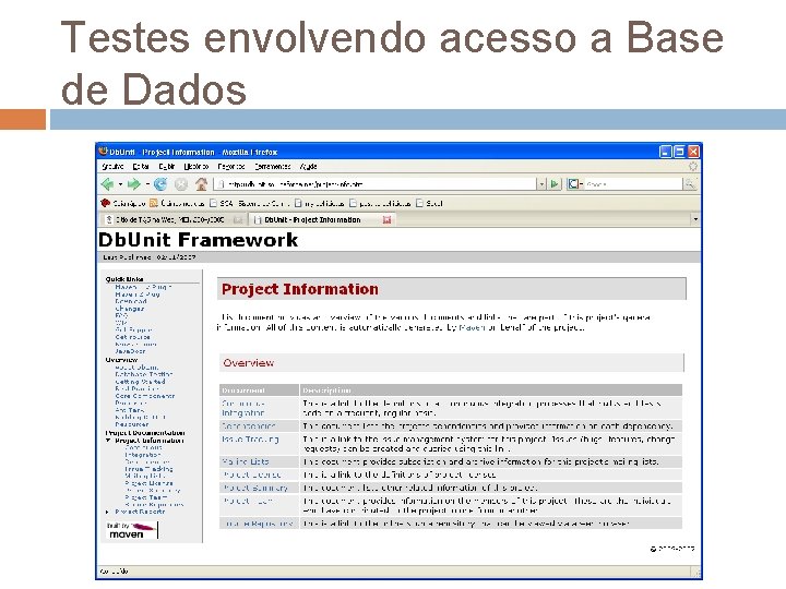 Testes envolvendo acesso a Base de Dados Testes envolvendo acesso a Base de Dados