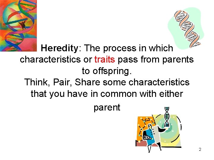 Heredity: The process in which characteristics or traits pass from parents to offspring. Think,