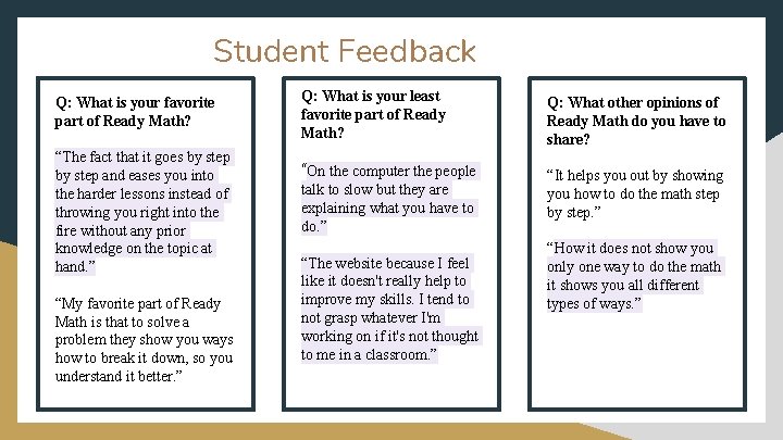 Student Feedback Q: What is your favorite part of Ready Math? “The fact that