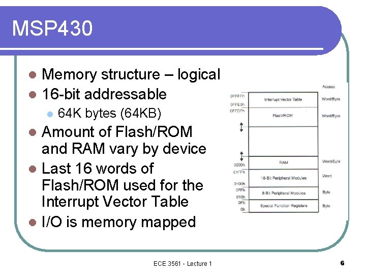 MSP 430 Memory structure – logical l 16 -bit addressable l l 64 K MSP 430 Memory structure – logical l 16 -bit addressable l l 64 K