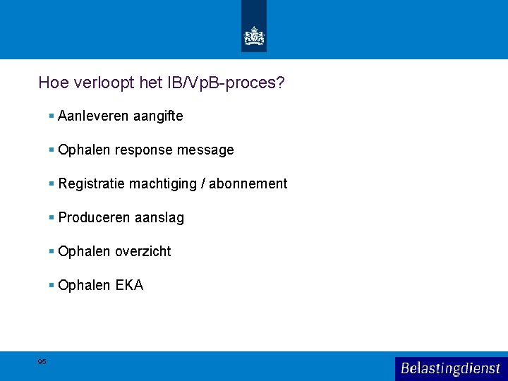 Hoe verloopt het IB/Vp. B-proces? § Aanleveren aangifte § Ophalen response message § Registratie