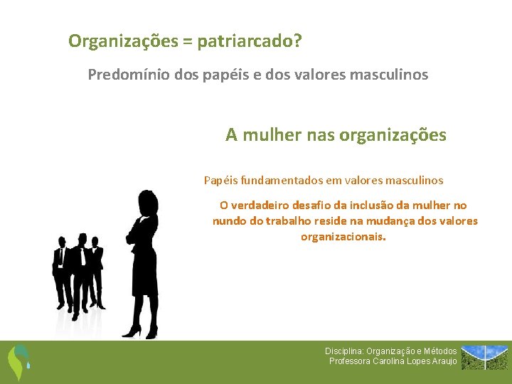 Organizações = patriarcado? Predomínio dos papéis e dos valores masculinos A mulher nas organizações