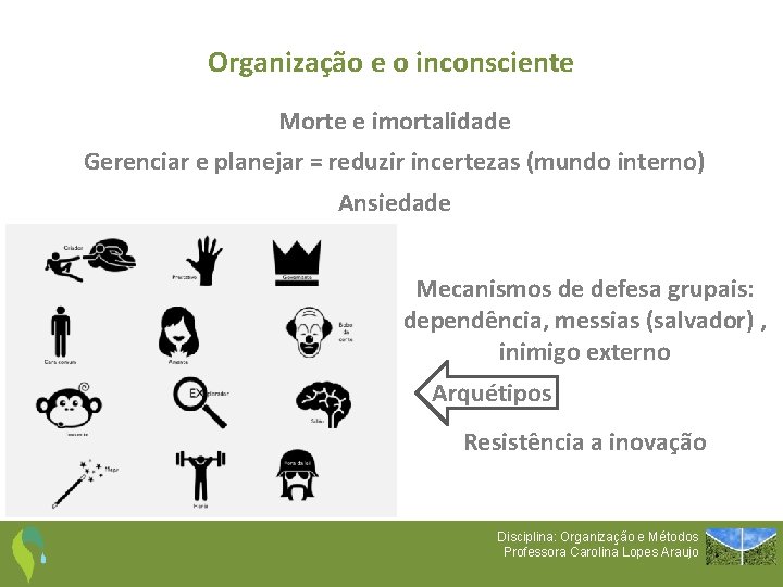 Organização e o inconsciente Morte e imortalidade Gerenciar e planejar = reduzir incertezas (mundo