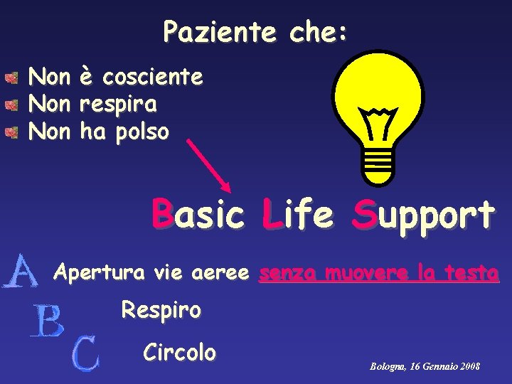 Paziente che: Non Non è cosciente respira ha polso Basic Life Support Apertura vie