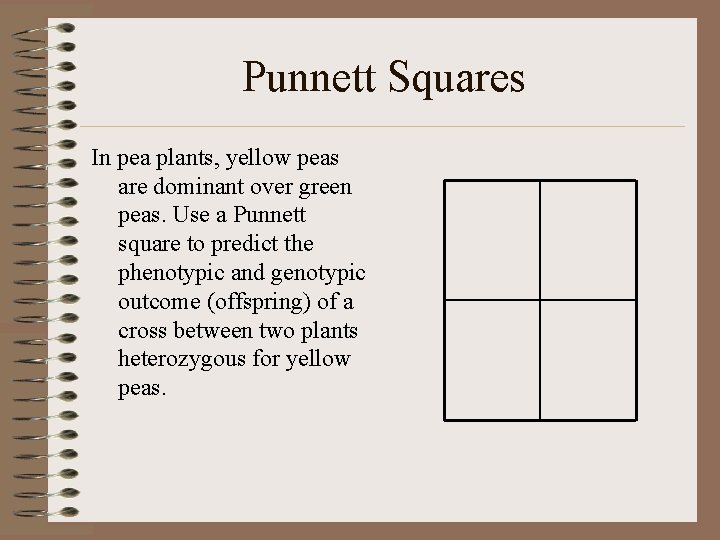 Punnett Squares In pea plants, yellow peas are dominant over green peas. Use a