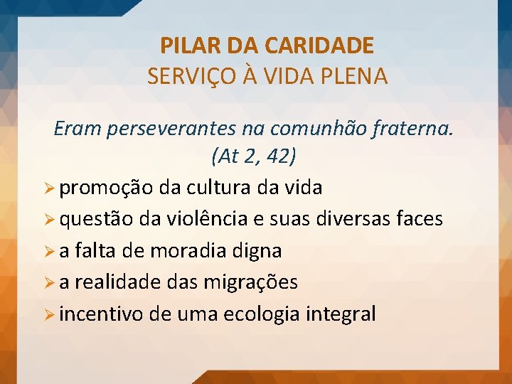 PILAR DA CARIDADE SERVIÇO À VIDA PLENA Eram perseverantes na comunhão fraterna. (At 2,