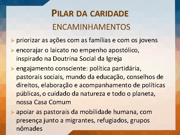 PILAR DA CARIDADE ENCAMINHAMENTOS Ø priorizar as ações com as famílias e com os
