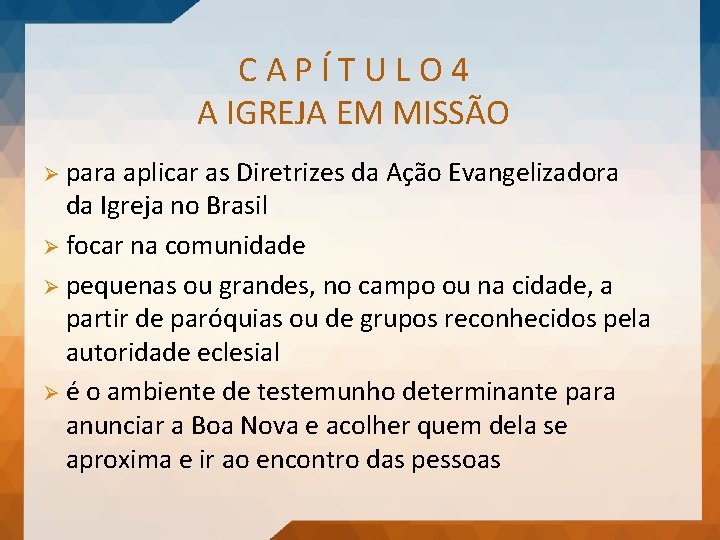 CAPÍTULO 4 A IGREJA EM MISSÃO Ø para aplicar as Diretrizes da Ação Evangelizadora