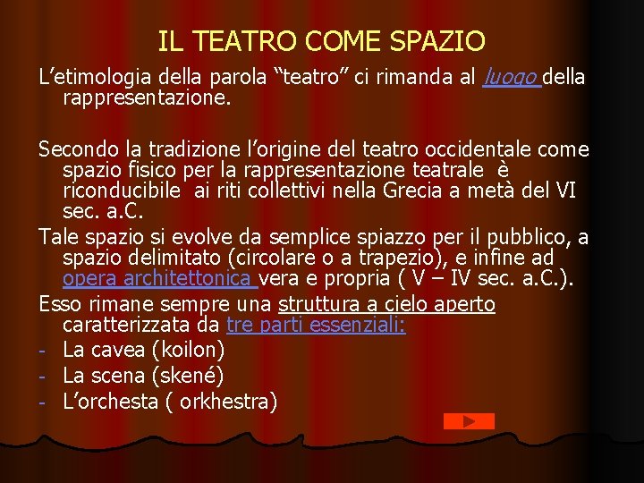 IL TEATRO COME SPAZIO L’etimologia della parola “teatro” ci rimanda al luogo della rappresentazione.