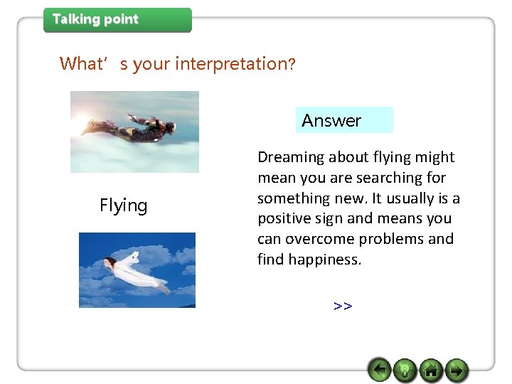 Talking point What’s your interpretation? Answer Flying Dreaming about flying might mean you are