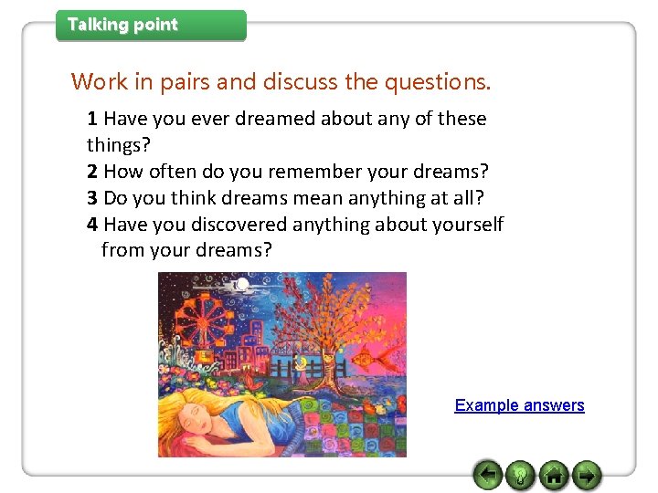 Talking point Work in pairs and discuss the questions. 1 Have you ever dreamed