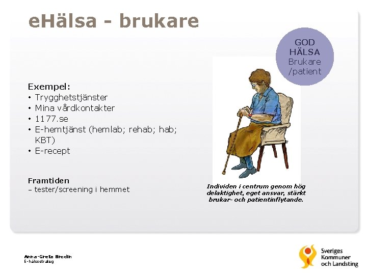 e. Hälsa - brukare GOD HÄLSA Brukare /patient Exempel: • Trygghetstjänster • Mina vårdkontakter
